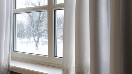 Fototapeta premium Snow falls outside a window as curtains frame the view during a winter day