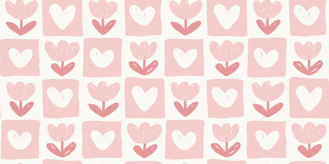 Seamless pattern of retro hand drawn tulip and heart tiles in pink and mauve pink tones  © Little Joy Designs