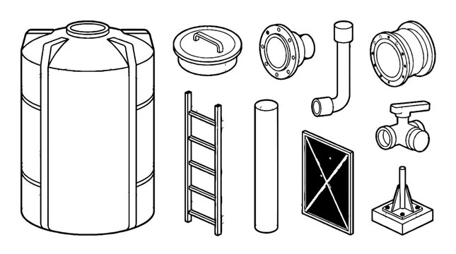 Industrial Water Storage Tank and Plumbing Components Line Art Illustration.