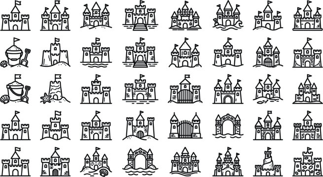 Sandcastle and Toy Bucket Line Icon Set Featuring Beach Fortresses, Medieval Castles, Gates, Shovels, Sea Shells, and Summer Vacation Playground Shapes for Kids Graphic DesignsSandcastle and Toy Bucke