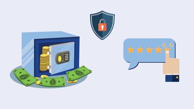Secured Financial Bank Vault with Shield Protection and Five Star Rating Animation
