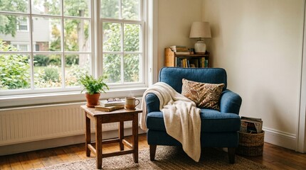Fototapeta premium Cozy living room corner with blue armchair by a sunny window with a plant and books on a wooden side table