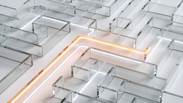 Geometric glass labyrinth on a clean white surface with a glowing neon path finding the right way