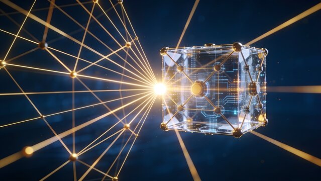 Abstract scientific visualization of quantum cryptography with glowing cube and data network nodes