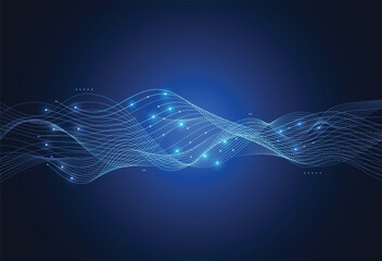 Abstract technology background with glowing blue flowing data waves and connecting dots. © royyimzy