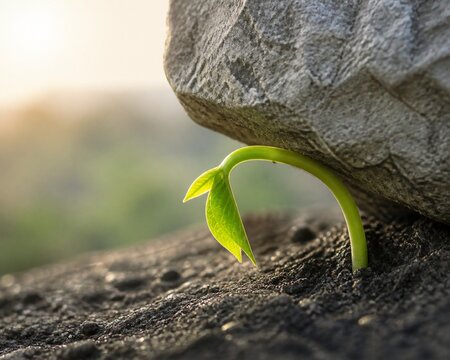 Green sprout growing bent under heavy gray stone in morning light.