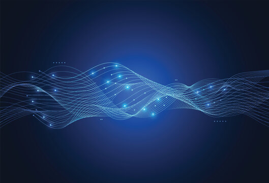 Abstract technology background with glowing blue flowing data waves and connecting dots.