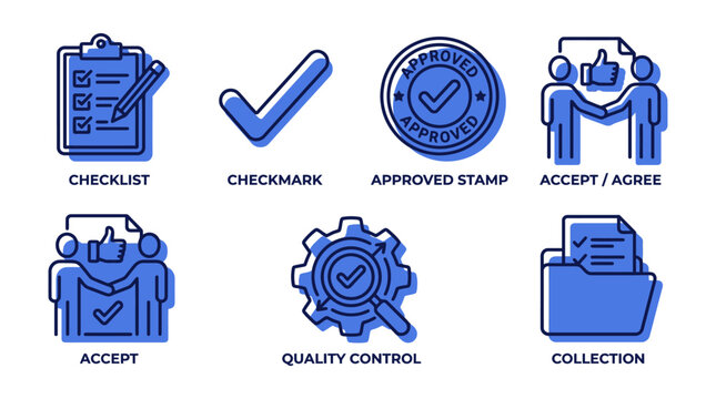 Quality Control and Business Approval Icon Set, Vector Dual Tone Outline Icons for Checklist, Approved Stamp, Acceptance, Compliance, and Agreement Concepts