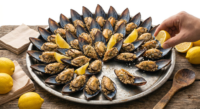 Turkish midye dolma stuffed mussels with lemon slices
