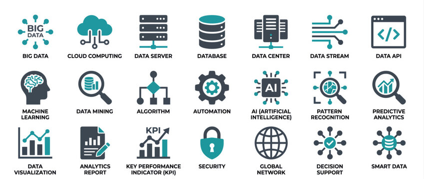 Set of data science, big data, analytics, and artificial intelligence icons