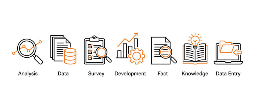 Set of business and data processing icons including analysis, data, survey, development, fact, knowledge and data entry