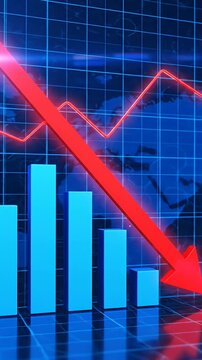 Blue bar chart with red arrow pointing downward.