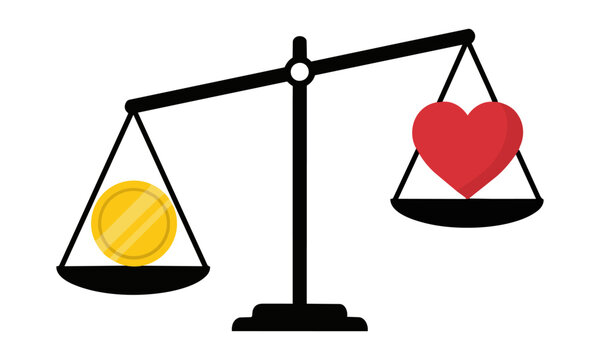 Balance scale with a gold coin and red heart symbolizing the equilibrium between material wealth and emotional well-being, lifestyle balance concept