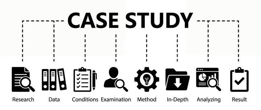 Case study process infographic with icons representing research, data, and analysis