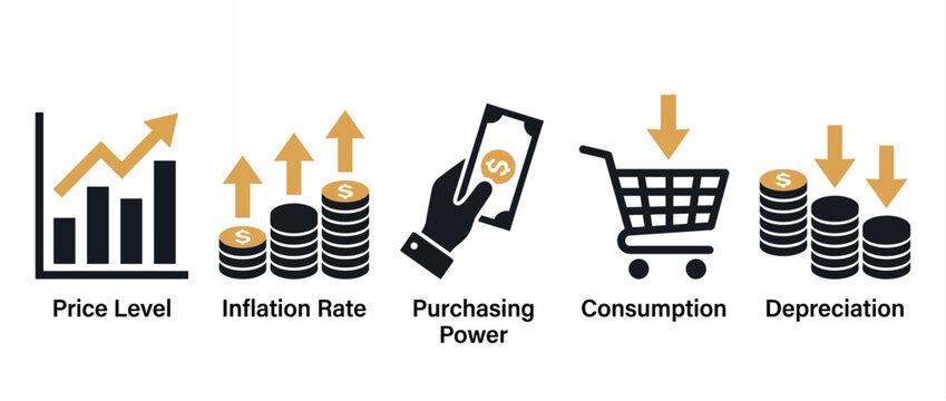 Economic indicators icons set representing price level, inflation, purchasing power, consumption, and depreciation