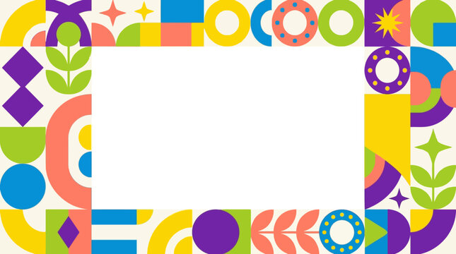 Vibrant Geometric Border Frame With Colorful Abstract Shapes And Clean White Copy Space