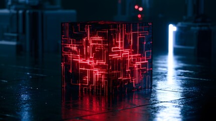 Fototapeta premium Cyberpunk city glows a vibrant red reflecting on wet streets showcasing future tech innovation