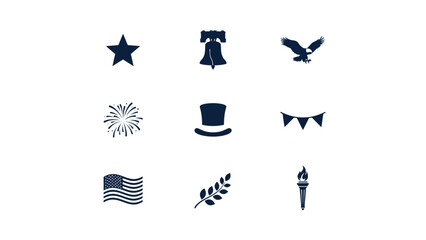 Obraz premium Patriotic icons collection featuring star liberty bell eagle firework hat bunting flag.
