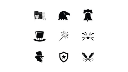 Obraz premium American independence day patriotic icons set featuring flag eagle liberty bell and hat.