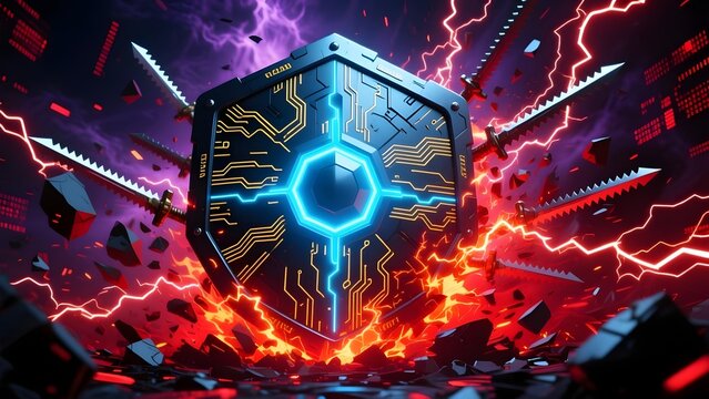 Cybersecurity shield with glowing circuit patterns, futuristic digital defense emblem, neon blue and red energy lightning for network protection