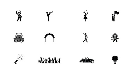 Obraz premium Set of vector icons showing parade atmosphere and crowd celebration for community events.