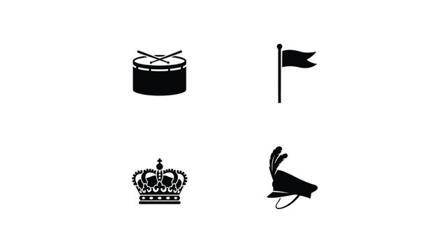 Set of marching band elements including drum flag crown and ceremonial hat silhouettes.