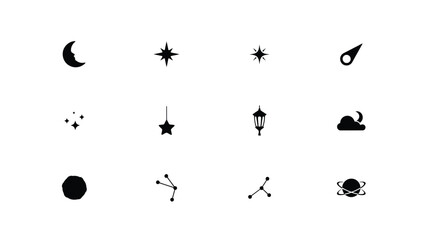Minimalist astronomical icon pack displaying night sky objects in clean black silhouettes. © Parthokumar