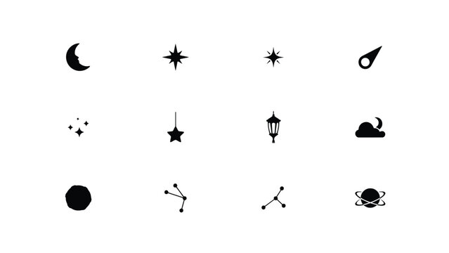 Minimalist astronomical icon pack displaying night sky objects in clean black silhouettes.