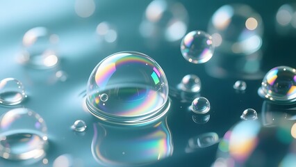 Naklejka premium Iridescent soap bubbles on blue water surface, macro photography of floating liquid spheres, ethereal translucent bubbles with rainbow reflections