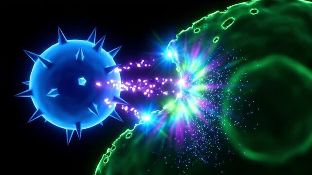 キラーT細胞が標的細胞に脱顆粒と穿孔を行う様子を描いた、漆黒背景の抽象的な医療CG動画。
