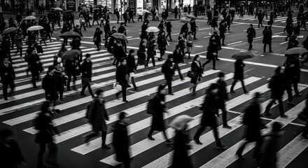 Obraz premium A bustling crowd of pedestrians crossing a busy urban street in monochrome.