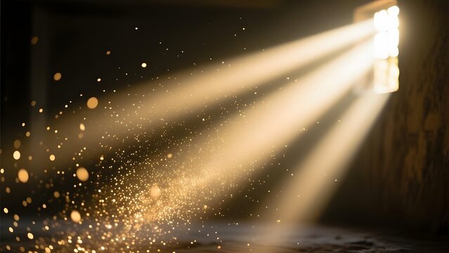 Cinematic light rays through window, golden sunbeams with floating dust particles in dark room, ethereal sun rays illuminating interior space