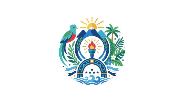 Colorful Tropical Island Emblem with Mountains, Parrot, and Palm Trees