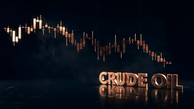 3D metallic crude oil text with a descending stock market candle chart graph