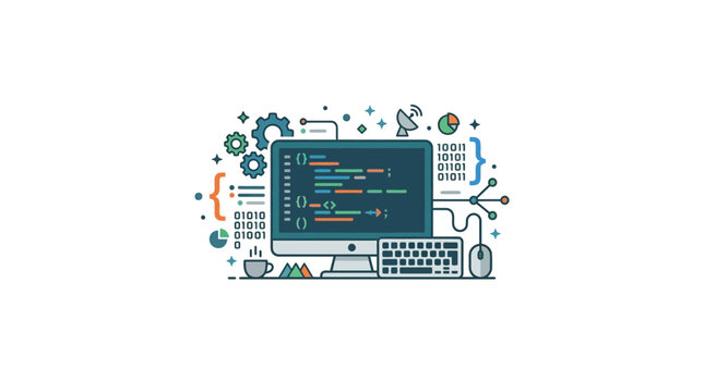 Computer Monitor with Coding Interface and Software Development Icons