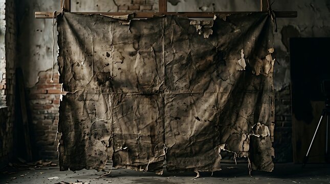 old torn fabric on brick wall.