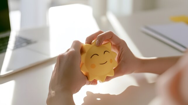 Finding Calm Morning Light Squeezing a Sun Stress Ball on a Minimalist Desk Workspace Concept