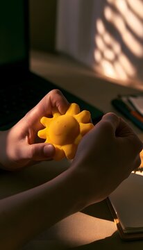 Finding Calm Morning Light Squeezing a Sun Stress Ball Cozy Home Workspace Relaxation Lifestyle