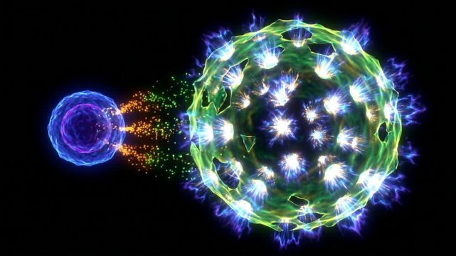 キラーT細胞が標的細胞に脱顆粒と穿孔を行う様子を描いた、漆黒背景の抽象的な医療CG動画。