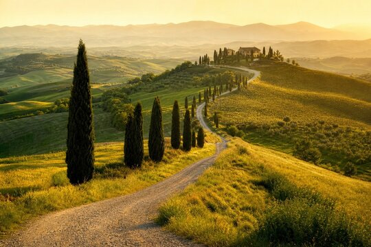 Rolling Tuscan hills with cypress trees bathed in golden sunlight, evoking tranquility.