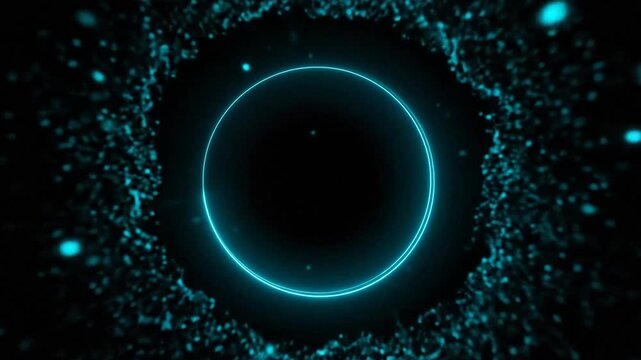 A glowing blue circle surrounded by floating particles in darkness