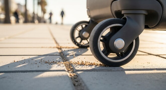 Close-up of suitcase wheels rolling on sunlit pavement with blurred travelers in background. Suitcase wheels glide smoothly over texture of walkway,