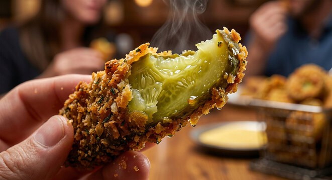 A side-view macro shot focusing on a fried pickle spear that has just been bitten into. The image captures the dynamic profile and the extreme layers of texture