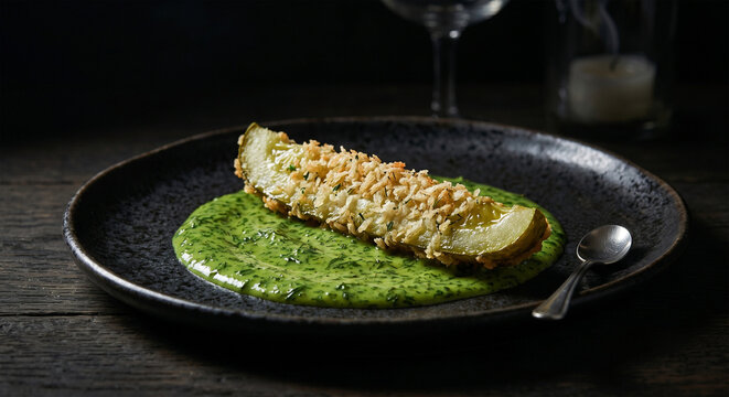 A sophisticated product photograph for a high-end gastropub. A single, thick fried pickle spear crusted in an artisanal panko-herb batter, giving it a light, flaky appearancc