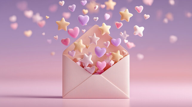 Open envelope releases cloud of floating review stars and heart icons, creating whimsical and joyful atmosphere. pastel colors enhance dreamy and romantic feel