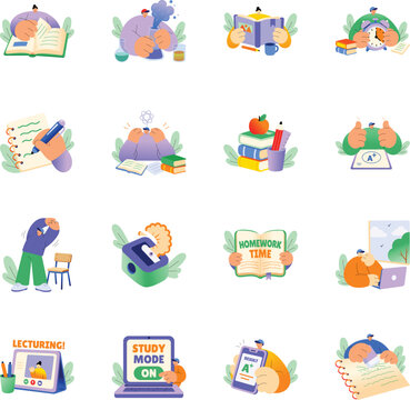 Flat sticker pack showing books, classroom learning, writing, exams, school supplies, online education, homework, and study-related activities. 
