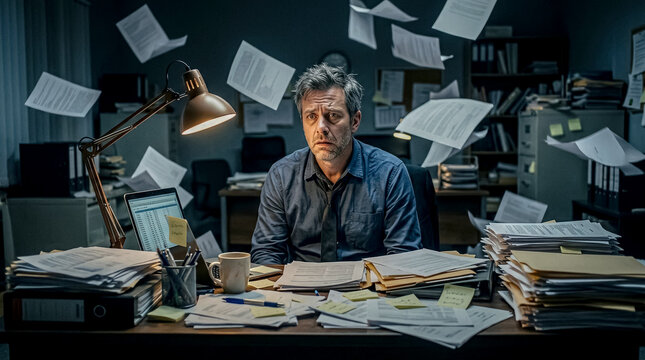 Stressed man surrounded by flying documents in a chaotic, paper-filled office workspace.