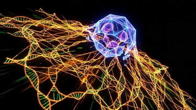 好中球がネットーシスによりDNAの網を放出し標的を拘束する、漆黒背景の抽象的な医療CG動画。