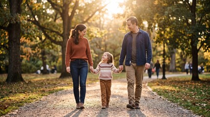Obraz premium Parents' Day concept, parents holding child hands during sunset walk