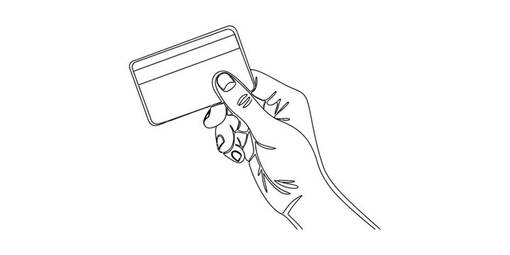 Hand holding a credit card line art illustration.